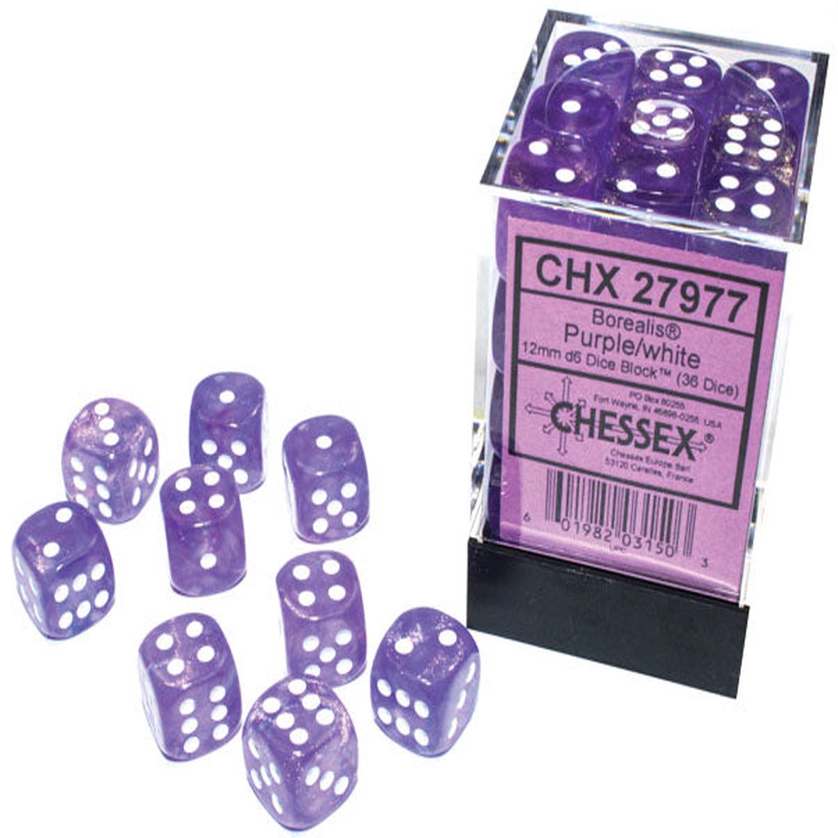 Borealis 12mm d6 Purplewhite Luminary Dice Block (36 dice)