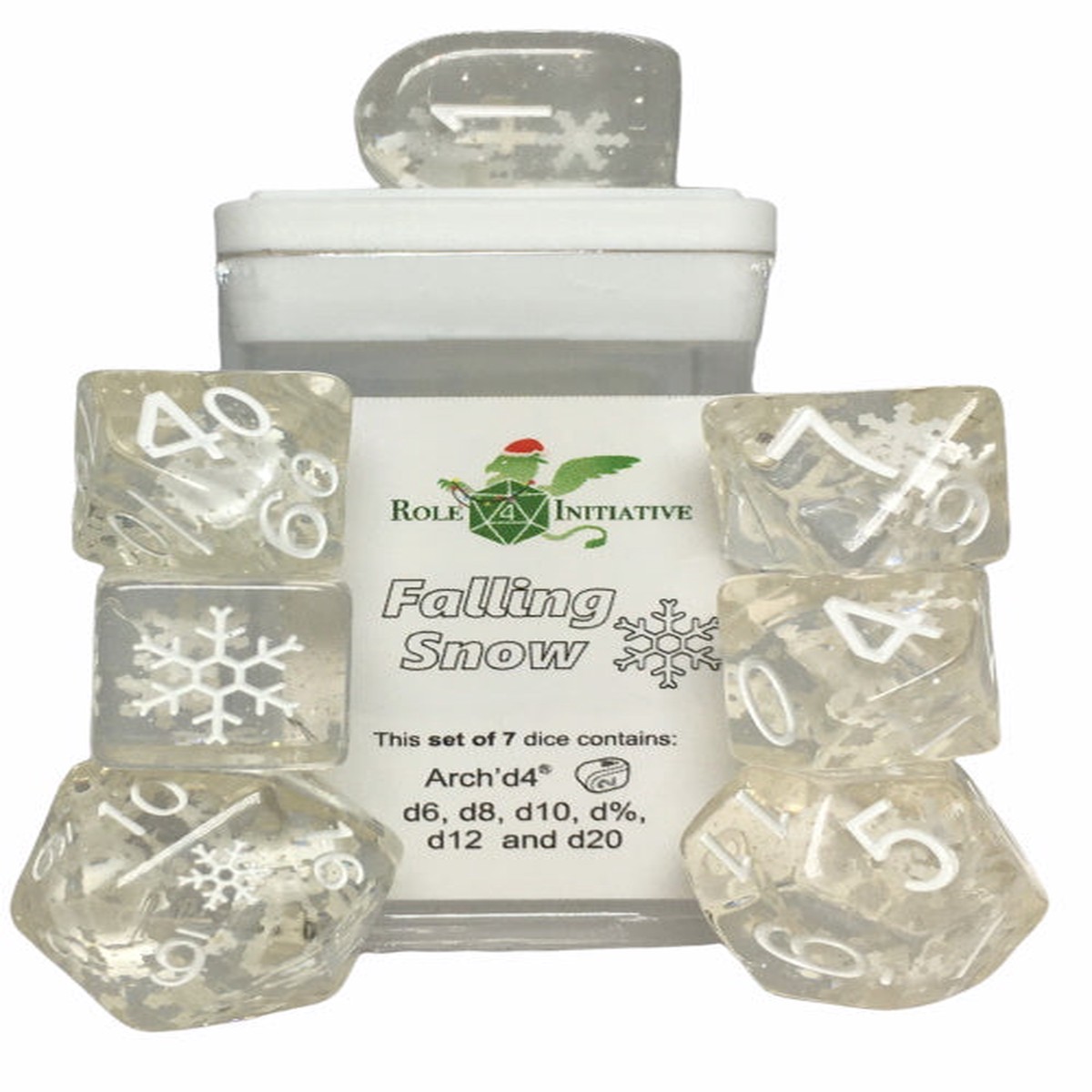 Role 4 Initiative Set of 7 Dice with Arch D4 Falling Snow
