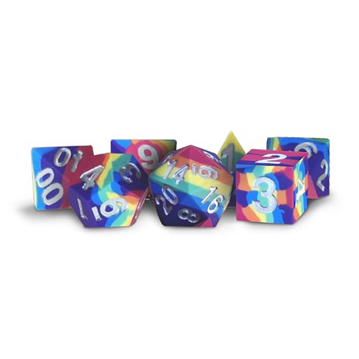 7 COUNT DICE POLY SET 16MM SHARP-EDGE SILICON RUBBER RAINBOW