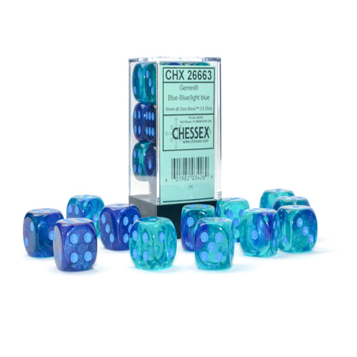 Chessex - 16mm D6 Gemini Translucent Dice - Blue-BlueLight Blue
