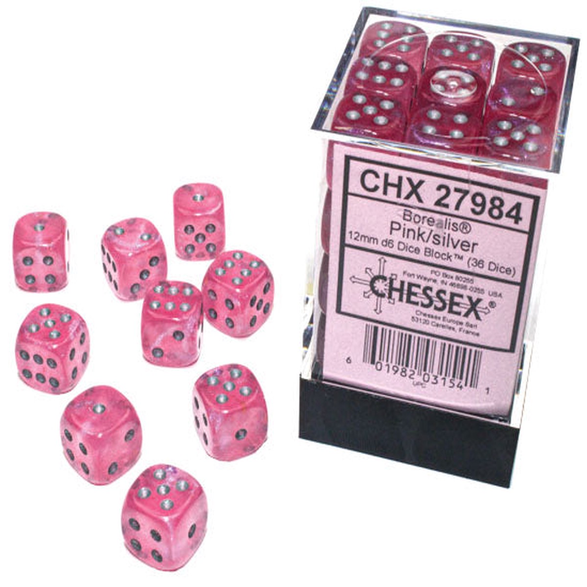 Borealis 12mm d6 Pinksilver Luminary Dice Block (36 dice)