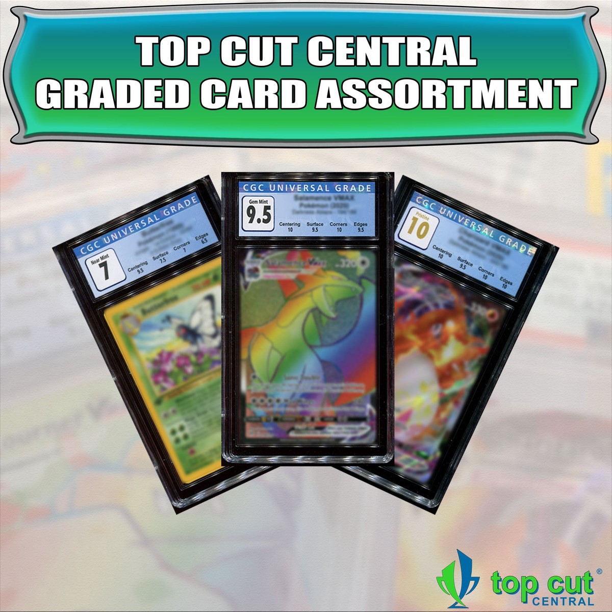 Top Cut Central Graded Card Assortment - 3 Random PSA or CGC Graded Authenticated Encased Pokemon Cards (Perfect for Display)