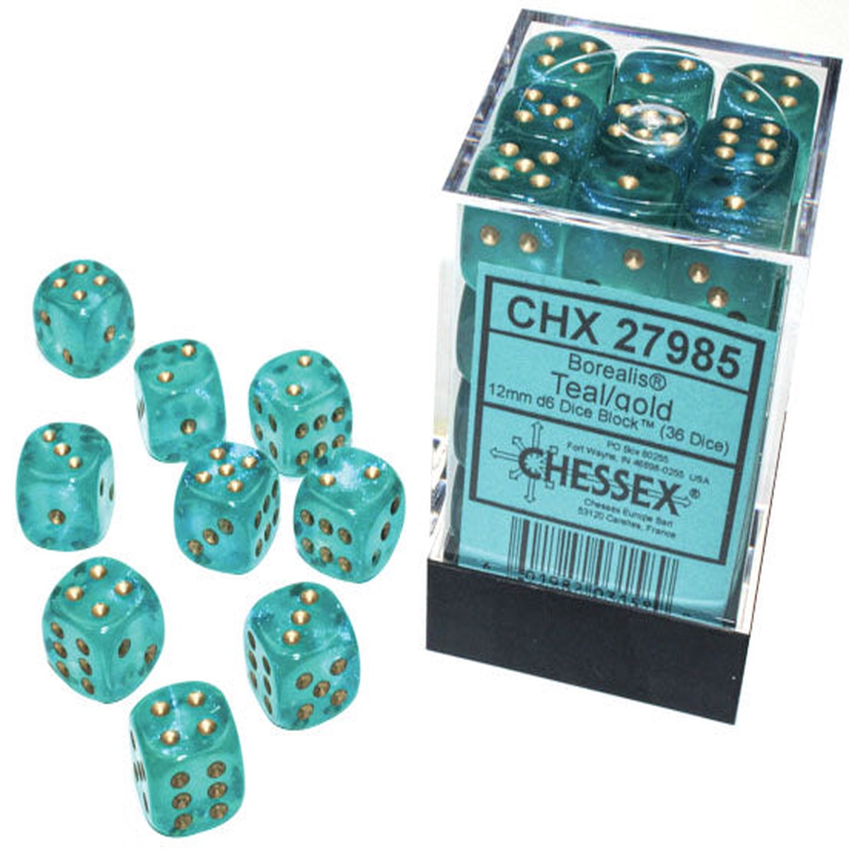 Borealis 12mm d6 Tealgold Luminary Dice Block (36 dice)