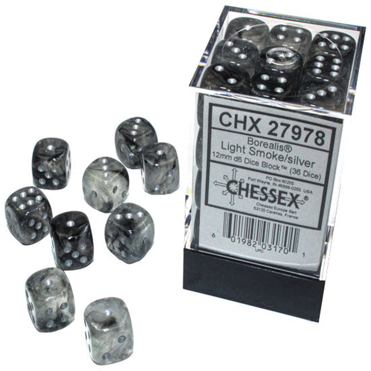 Borealis 12mm d6 Light Smokesilver Luminary Dice Block (36 dice)