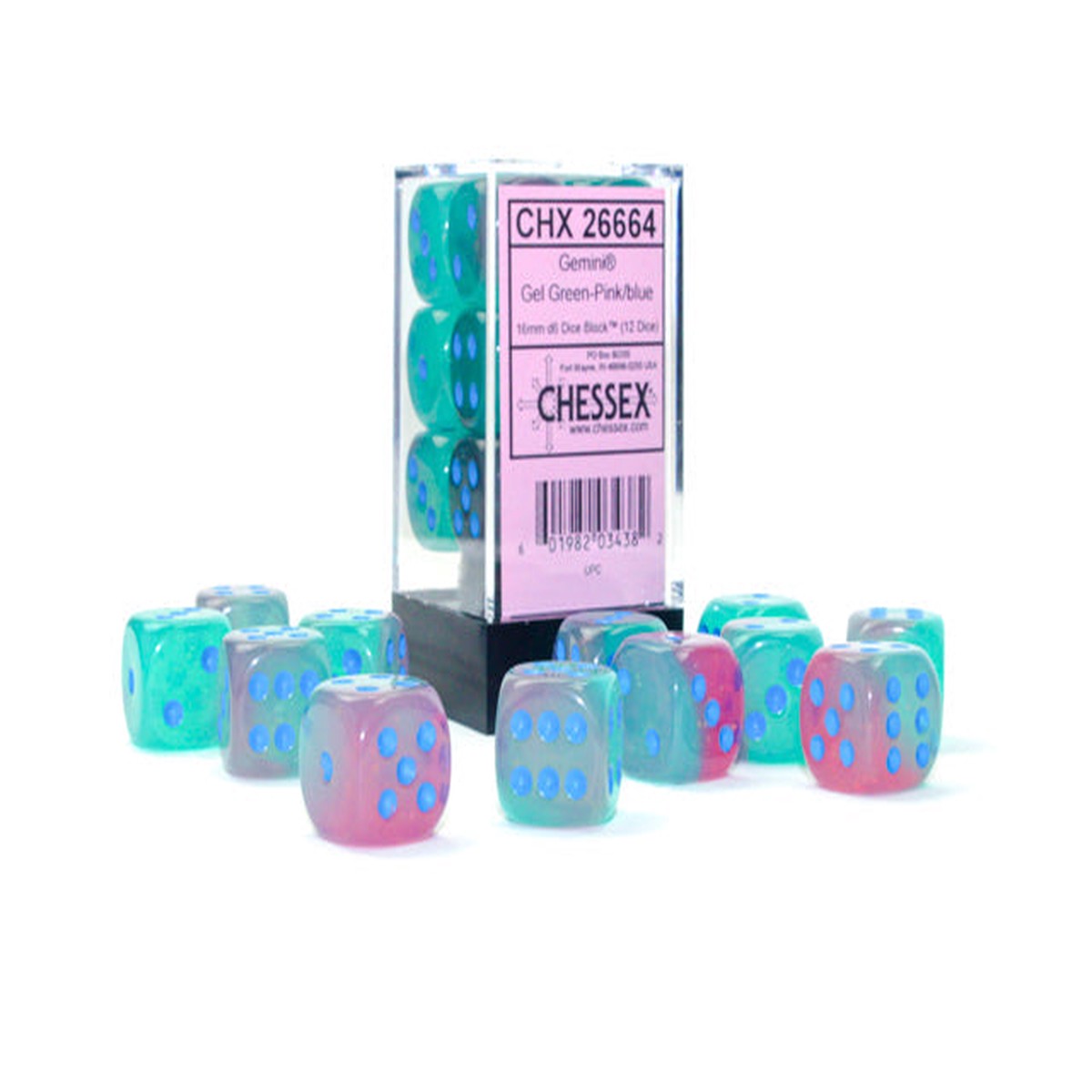 Chessex - 16MM D6 Gemini Translucent Dice - Green-PinkBlue