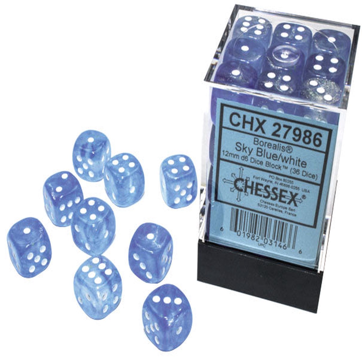Borealis 12mm d6 Sky Bluewhite Luminary Dice Block (36 dice)
