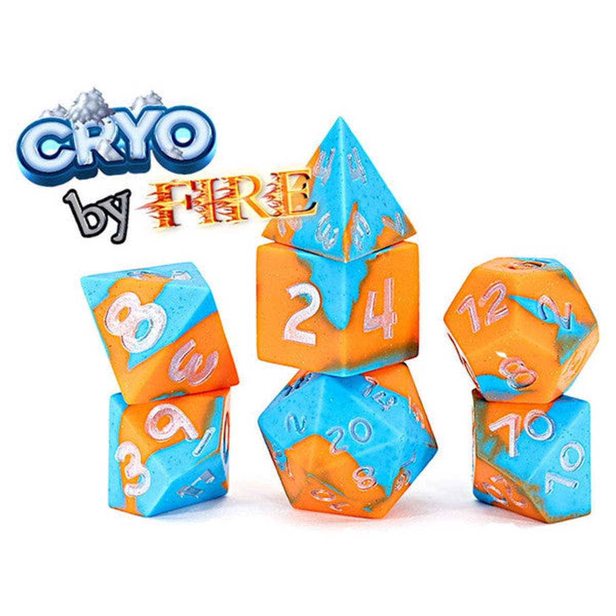 Anti-Stress Dice Cryo by Fire - Blue and Orange Silicone with Sparkling Glitter (7 Polyhedral Dice Set)