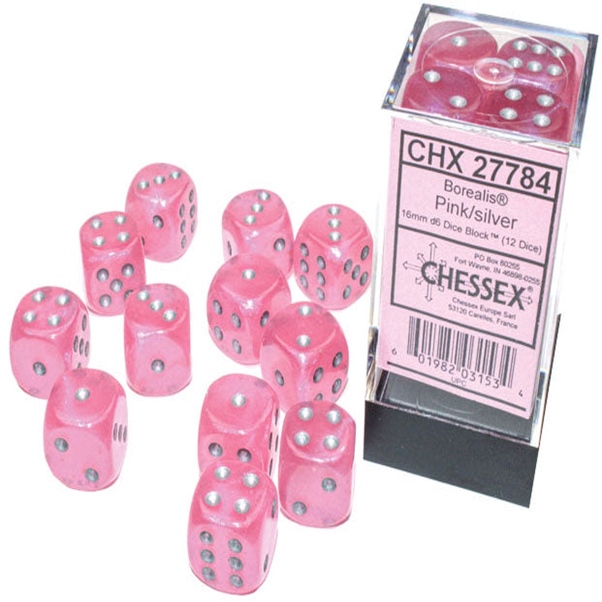 Borealis 16mm d6 Pinksilver Luminary Dice Block (12 dice)