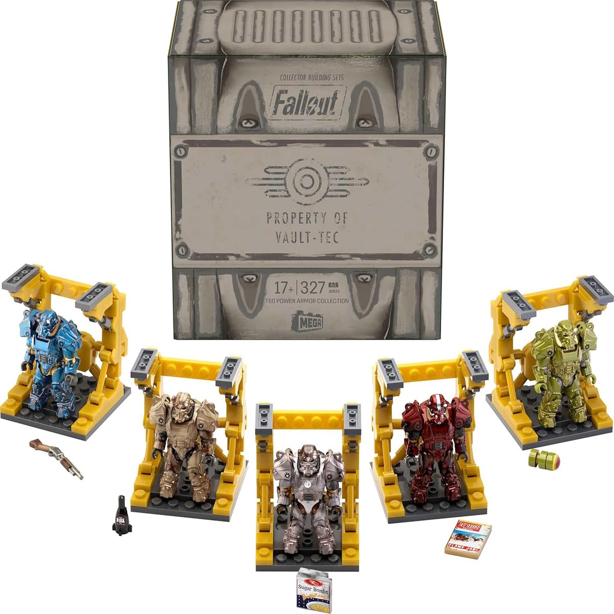 MEGA Fallout Action Figure Building Toy T-60 Power Armor Collection with 327 Pieces 5 Micro Action Figures and Accessories